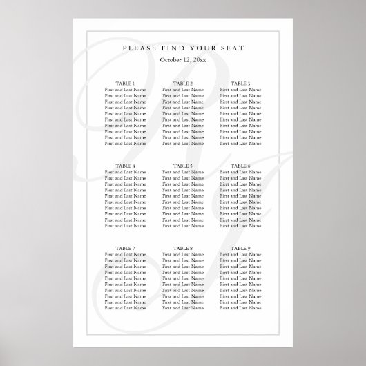 Elegant Black White Monogram Wedding Seding Chart Poster (Voorkant)