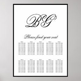Elegant Black White Monogram Wedding Seding Chart Poster