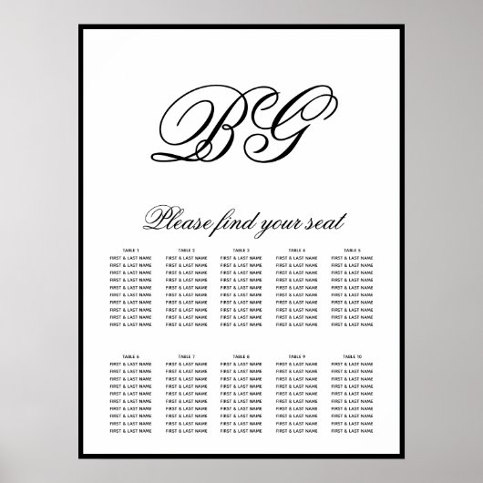 Elegant Black White Monogram Wedding Seding Chart Poster (Voorkant)