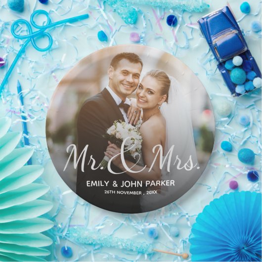 Elegant Black White Mr. en Mrs Round Wedding Party Papieren Bordje (Feest)