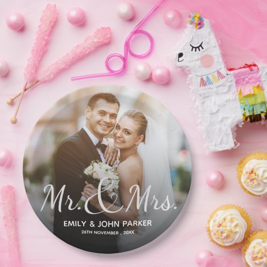 Elegant Black White Mr. en Mrs Round Wedding Party Papieren Bordje (Feest)