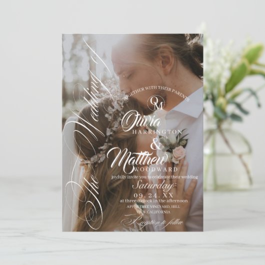 Elegant Black & White Overlay Photo Wedding Kaart (Staand voorkant)