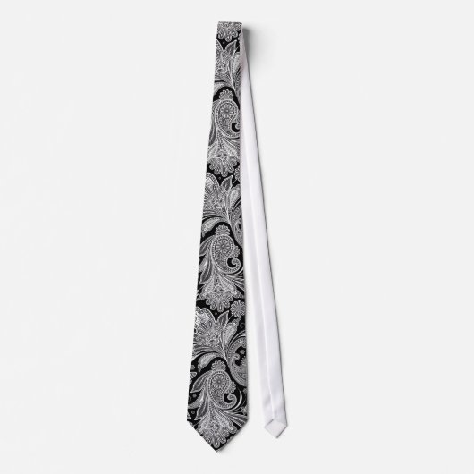 Elegant Black & White Paisley Pattern Stropdas (Voorkant)
