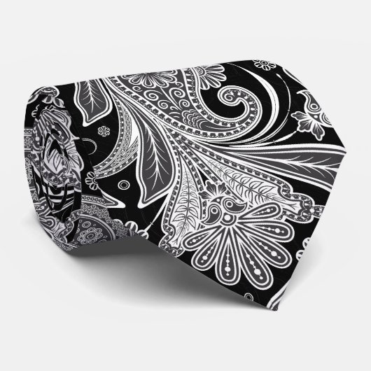 Elegant Black & White Paisley Pattern Stropdas (Opgerold)