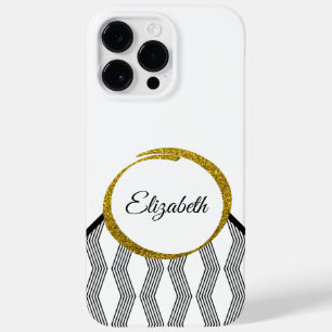 Elegant Black White Pattern Girly Gold Glitter Case-Mate iPhone 14 Pro Max Hoesje