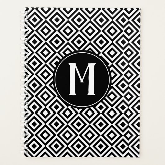 Elegant Black & White Patterned Monogrammed Modern Planner (Voorkant)