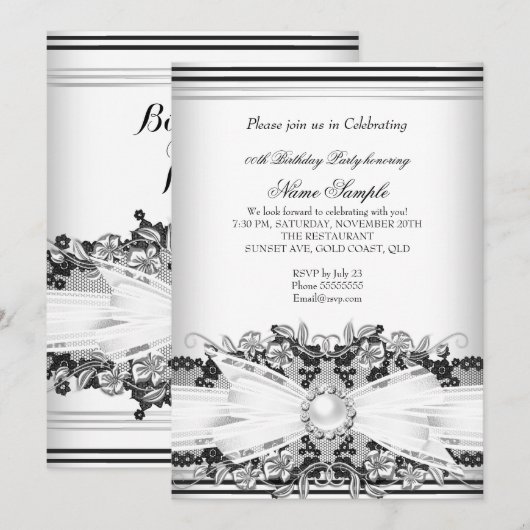 Elegant Black White Pearl Jewel Bow Lace Birthday Kaart (Voorkant / Achterkant)