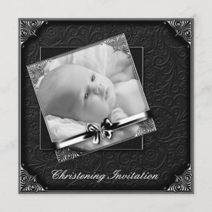 Elegant Black White Photo Christening Kaart