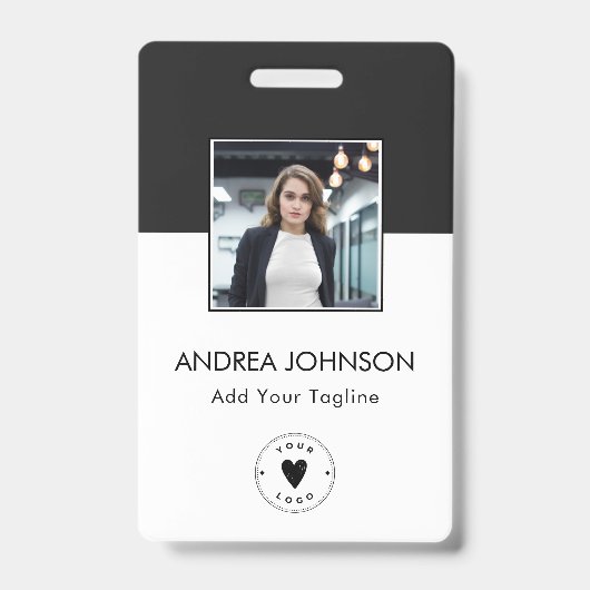 Elegant Black & White Photo Logo Bar-code & naam Badge (Voorzijde)