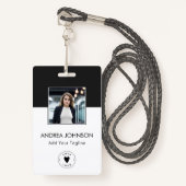 Elegant Black & White Photo Logo Bar-code & naam Badge (Voorkant met draagriem)