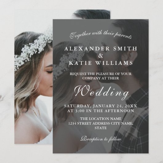 Elegant Black & White Photo Wedding Invitation Kaart (Voorkant / Achterkant)