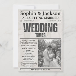 Elegant Black & White Photos Wedding Newspaper Kaart
