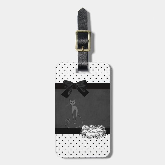Elegant Black, White Polka Dots-Black Bow, Cat Bagagelabel (Voorkant verticaal)