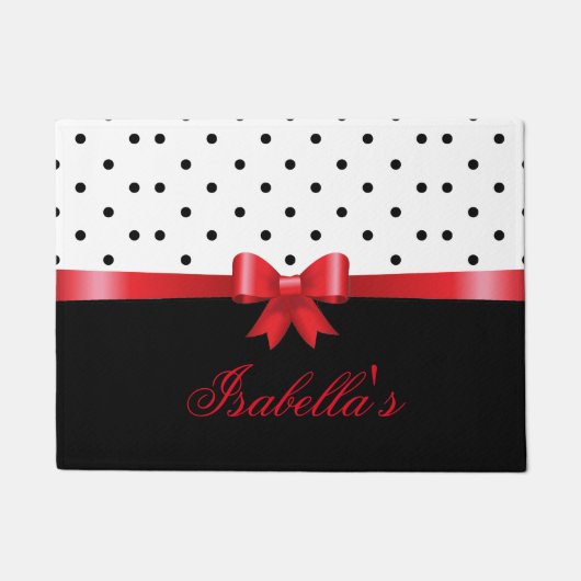 Elegant Black White polka stipt red bow personalis Deurmat (Voorkant)
