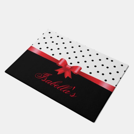 Elegant Black White polka stipt red bow personalis Deurmat (Schuin)