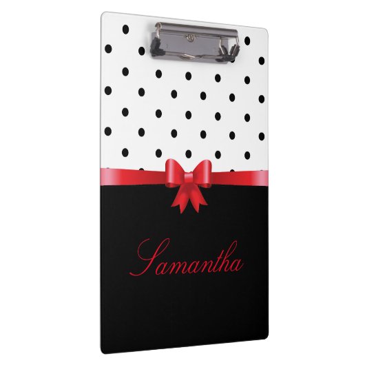 Elegant Black White polka stipt red bow personalis Klembord (Rechts)