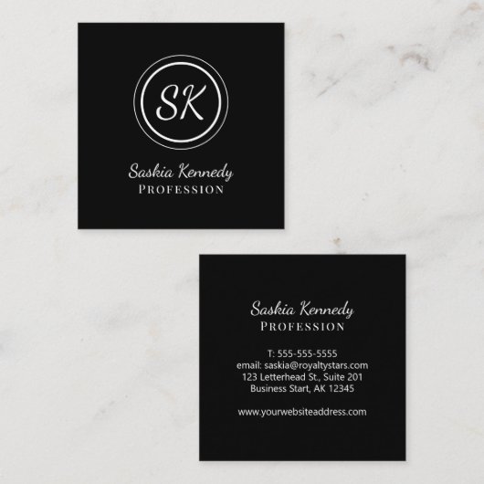 Elegant Black White Professional Monogram Vierkante Visitekaartje (Voorkant / Achterkant)