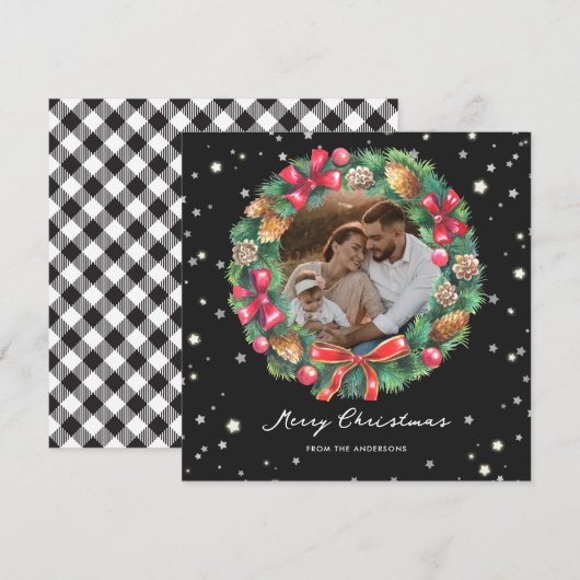 Elegant Black White Pset Stars Fotokerstfeest Feestdagenkaart (Voorkant / Achterkant)