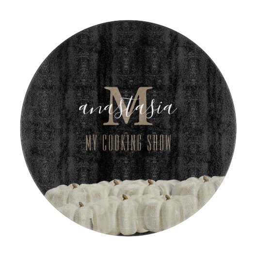 Elegant Black White Pumpkin Monogram Round Snijplank (Voorkant)