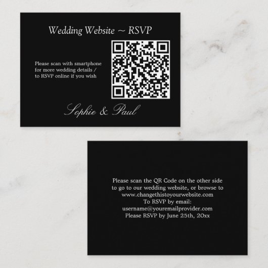 Elegant Black White QR Code Website RSVP Card Informatiekaartje (Voorkant / Achterkant)