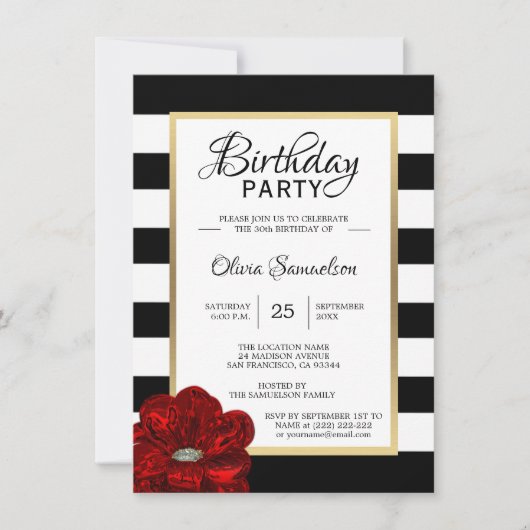 Elegant Black White Red Rose Birthday Party Kaart (Voorkant)