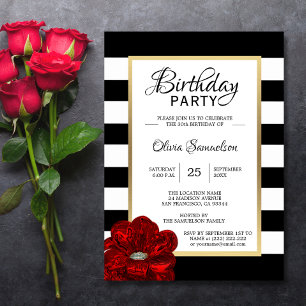Elegant Black White Red Rose Birthday Party Kaart