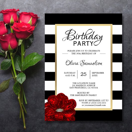 Elegant Black White Red Rose Birthday Party Kaart