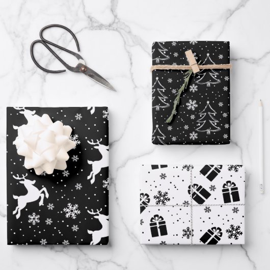 Elegant Black White Reindeer & kerstboom Inpakpapier Vel (Voorkant)