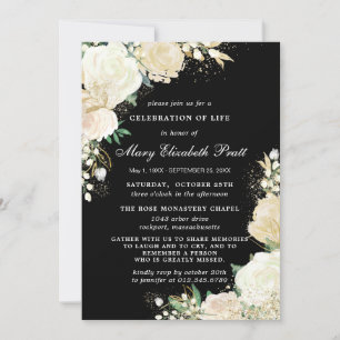 Elegant Black White Roos Floral Funeral Invitation Kaart
