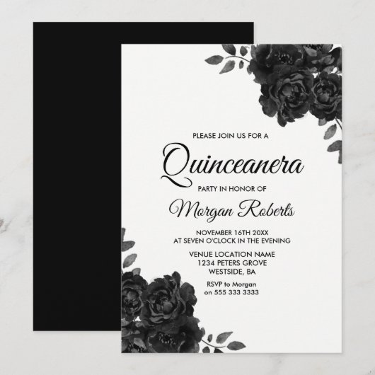 Elegant Black & White Rose Quinceanera Kaart (Voorkant / Achterkant)