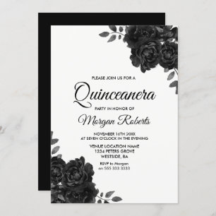 Elegant Black & White Rose Quinceanera Kaart