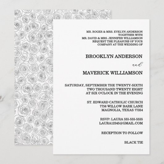 Elegant Black & White Rose Wedding Invitation Kaart (Voorkant / Achterkant)