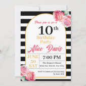 Elegant Black White Roze Rose Birthday Party Kaart (Voorkant)