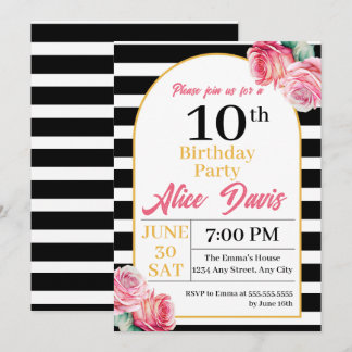 Elegant Black White Roze Rose Birthday Party Kaart