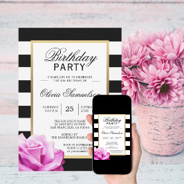 Elegant Black White Roze Rose Birthday Party Kaart