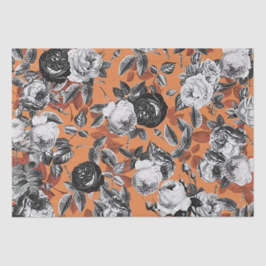 Elegant Black White Rozen op Sinaasappel Tissuepapier (Voorkant)