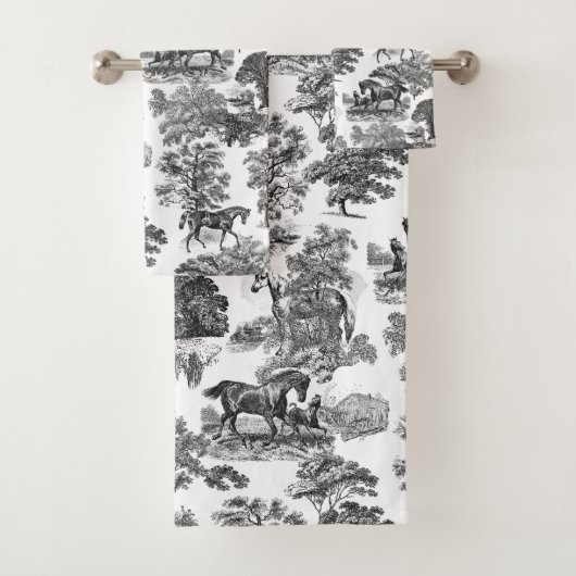 Elegant Black White Rustic Horses Toile Bad Handdoek (Insitu)