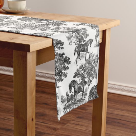 Elegant Black White Rustic Horses Toile Korte Tafelloper (Voorbeeld)