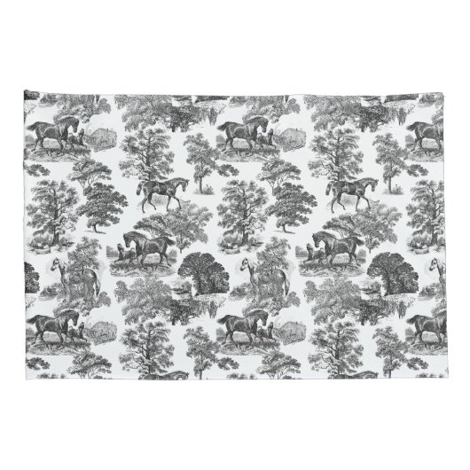 Elegant Black White Rustic Horses Toile Kussensloop (Achterkant-Rechts)