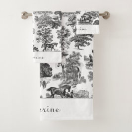 Elegant Black White Rustic Horses Toile Name Bad Handdoek