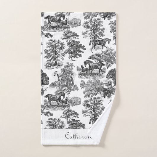 Elegant Black White Rustic Horses Toile Name Bad Handdoek (Handdoek)
