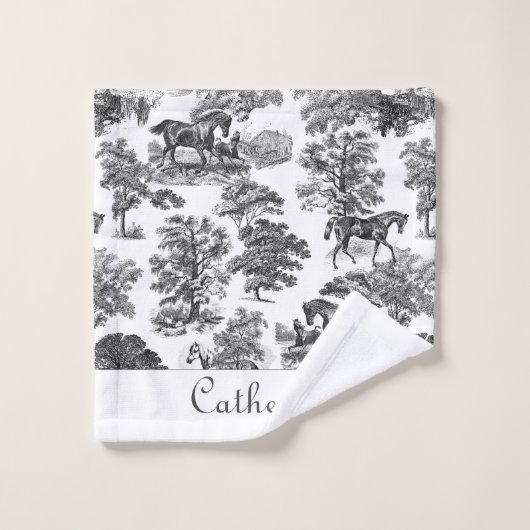Elegant Black White Rustic Horses Toile Name Bad Handdoek (Wasdoekje)