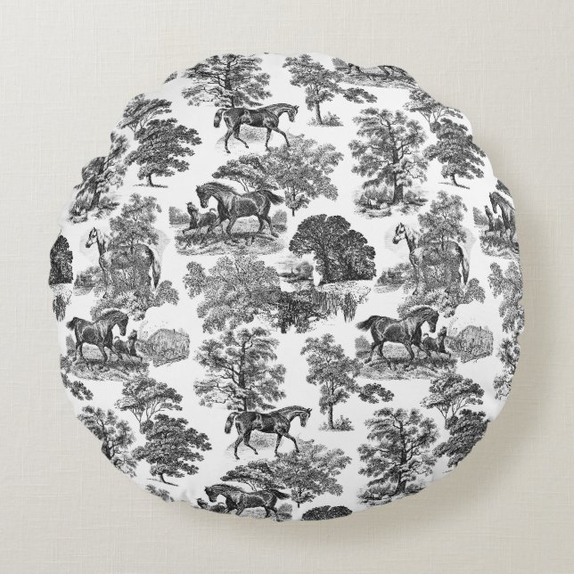 Elegant Black White Rustic Horses Toile Rond Kussen (Voorkant)