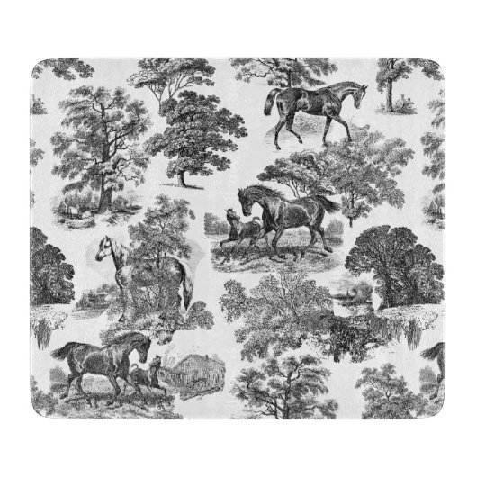 Elegant Black White Rustic Horses Toile Snijplank (Voorkant)