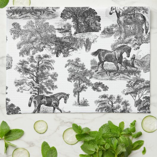 Elegant Black White Rustic Horses Toile Theedoek (Gevouwen)