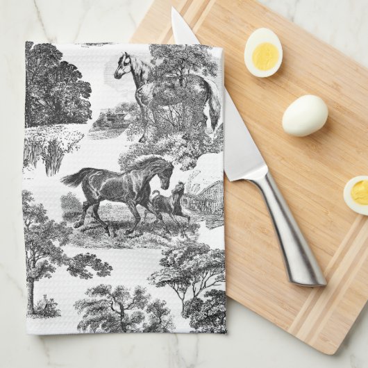 Elegant Black White Rustic Horses Toile Theedoek (Quarter Fold)