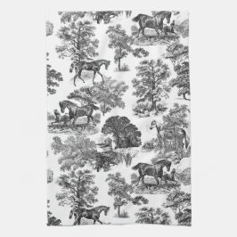 Elegant Black White Rustic Horses Toile Theedoek
