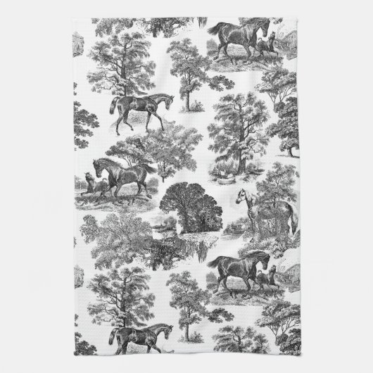 Elegant Black White Rustic Horses Toile Theedoek (Verticaal)