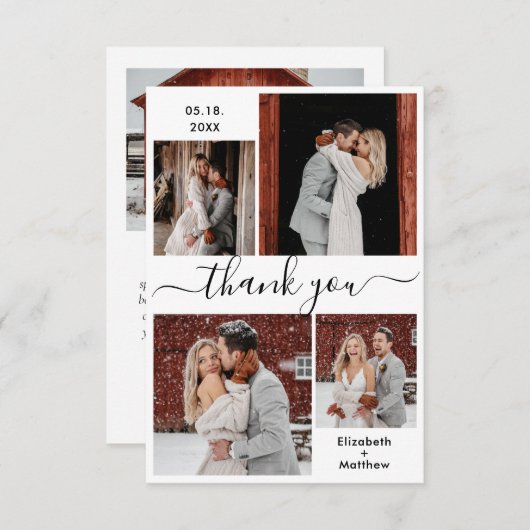 Elegant Black White Script 4 Photo Collage Wedding Bedankkaart (Voorkant / Achterkant)