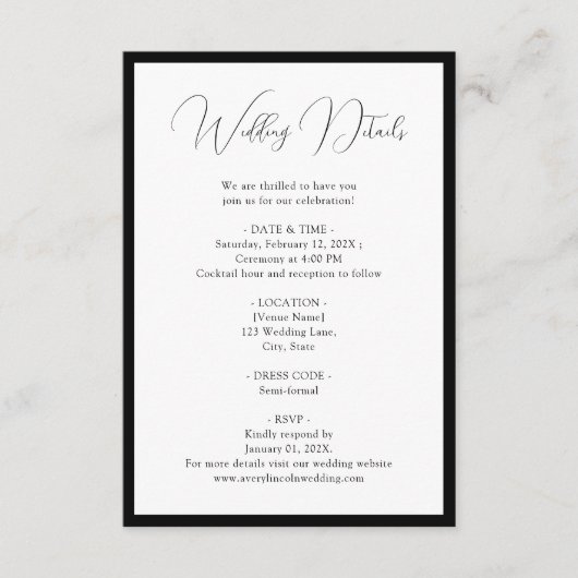 Elegant Black White Script Border Wedding Details Informatiekaartje (Voorkant)